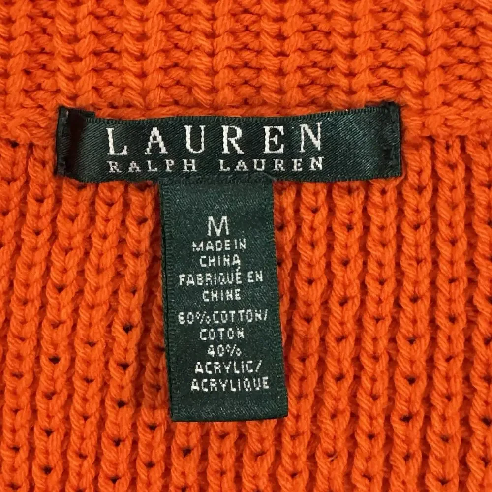 Ralph Lauren Polo Tangerine V-Neck Womens Chunky Knit Sweater M Preppy